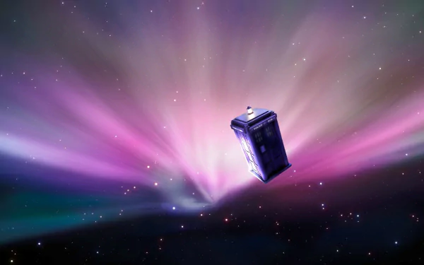 HD desktop wallpaper featuring the iconic Doctor Who police box TARDIS drifting through a vibrant, colorful cosmic background from the 2005 TV show.