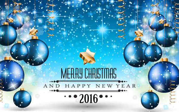 Blue Christmas ornaments and golden stars hang against a sparkling blue background with Merry Christmas and Happy New Year 2016 text, creating a festive HD desktop wallpaper.