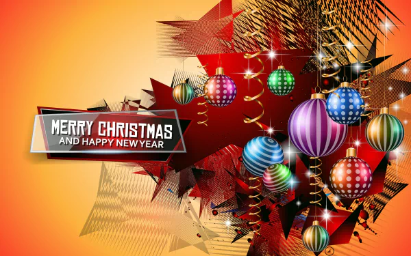 Colorful Christmas ornaments with festive stars and a Merry Christmas and Happy New Year message, vibrant holiday-themed HD desktop wallpaper background.