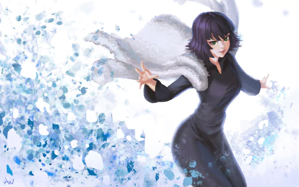 HD anime desktop wallpaper featuring Fubuki from One-Punch Man, depicted in a dynamic pose with a snowy, abstract background.