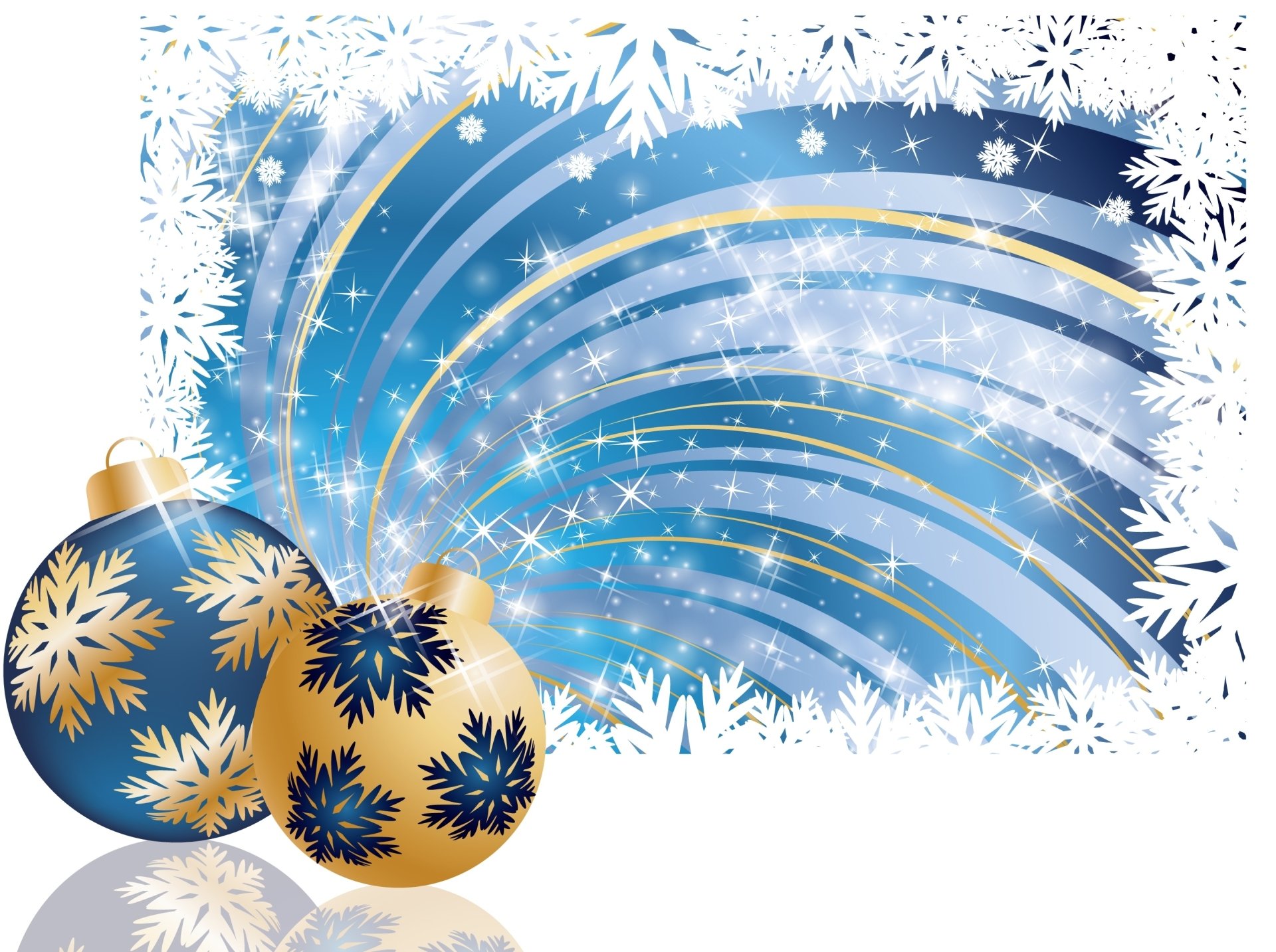 HD PC desktop wallpaper featuring blue and gold Christmas ornaments with snowflake patterns against a swirling, snowy holiday background.