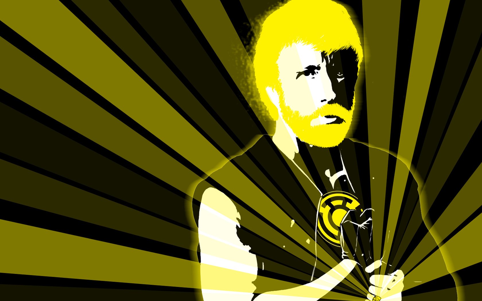 Funny HD PC desktop wallpaper/background: stylized pop-art figure with bright yellow hair and mustache holding a circular emblem amid radiating black and olive-green rays.