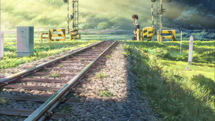 An anime-style HD wallpaper featuring a railroad scene from Your Name. A lone character stands near the crossing under a serene, sunlit sky with lush greenery around.