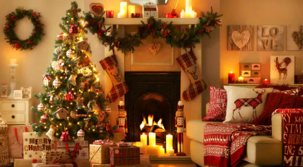 Cozy holiday scene featuring a decorated Christmas tree, stockings by the fireplace, candles, and festive gifts, creating a warm atmosphere for Christmas celebrations.