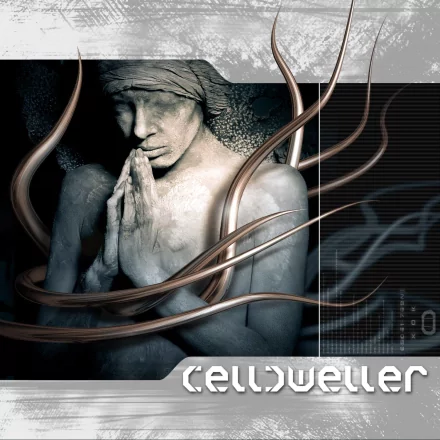 HD PC desktop wallpaper featuring a contemplative statue-like figure intertwined with metallic wires, inspired by Celldweller's music aesthetic.