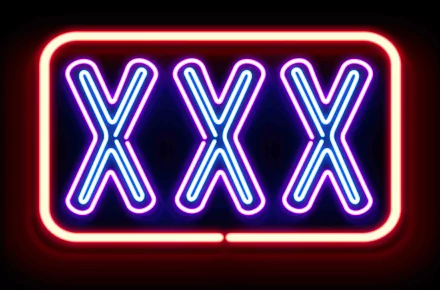 Neon red and blue glowing XXX sign against a dark background, rendered in 8K Ultra HD quality for PC desktop wallpaper and background use.