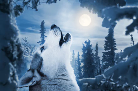 A majestic wolf howls under a bright moon, surrounded by frosty trees in a serene blue landscape, making an evocative HD desktop wallpaper.