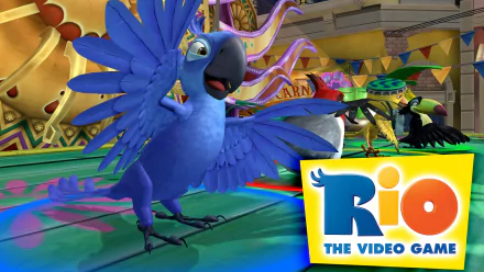 HD PC desktop wallpaper/background of Blue (Rio) from the Rio video game: the blue macaw dancing in a colorful carnival arena with the game's Rio logo.