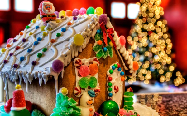Festive gingerbread house decorated with colorful candies and icing, set against a blurred Christmas tree background, captured in HD for a holiday-themed PC wallpaper.