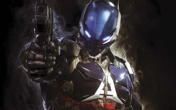 A striking HD wallpaper featuring the Arkham Knight from DC Comics’ video game, Batman: Arkham Knight, showcasing a menacing figure in advanced armor wielding a gun.