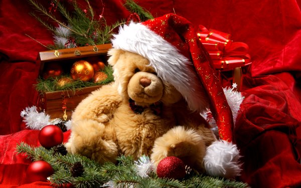 Holiday Christmas Christmas Ornaments Teddy Bear Santa Hat HD Wallpaper | Background Image