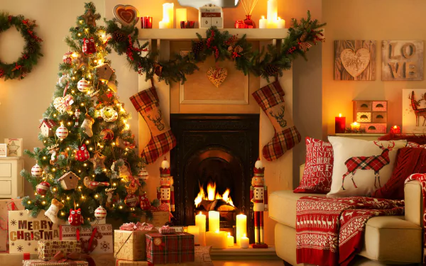 Cozy holiday scene featuring a decorated Christmas tree, stockings by the fireplace, candles, and festive gifts, creating a warm atmosphere for Christmas celebrations.
