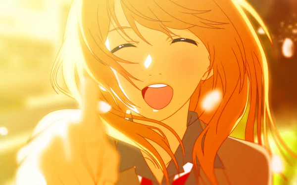 HD desktop wallpaper of Kaori Miyazono from the anime Your Lie in April, featuring her smiling brightly against a warm, glowing background.