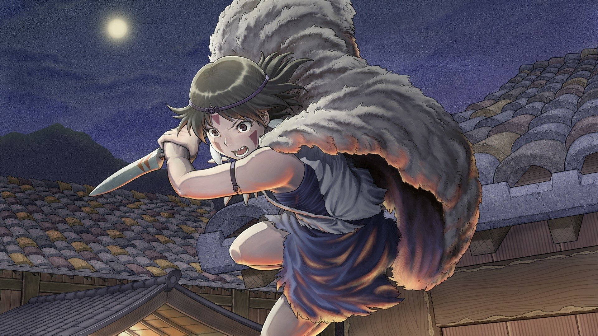 Anime-style HD desktop wallpaper featuring a dynamic scene from Princess Mononoke, showcasing the protagonist poised for action under a night sky.