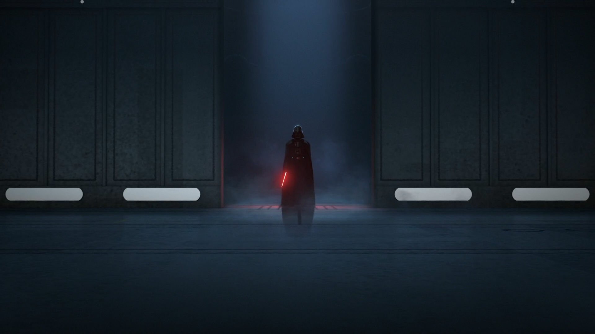Darth Vader stands ominously in a dark sci-fi setting, illuminated by the glow of his red lightsaber, creating a dramatic backdrop from the Star Wars universe.