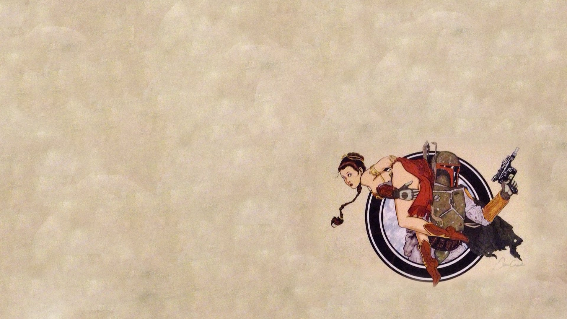 A vibrant HD desktop wallpaper featuring Princess Leia Organa and Boba Fett, set against a sci-fi Star Wars backdrop, combining iconic elements from the beloved franchise.