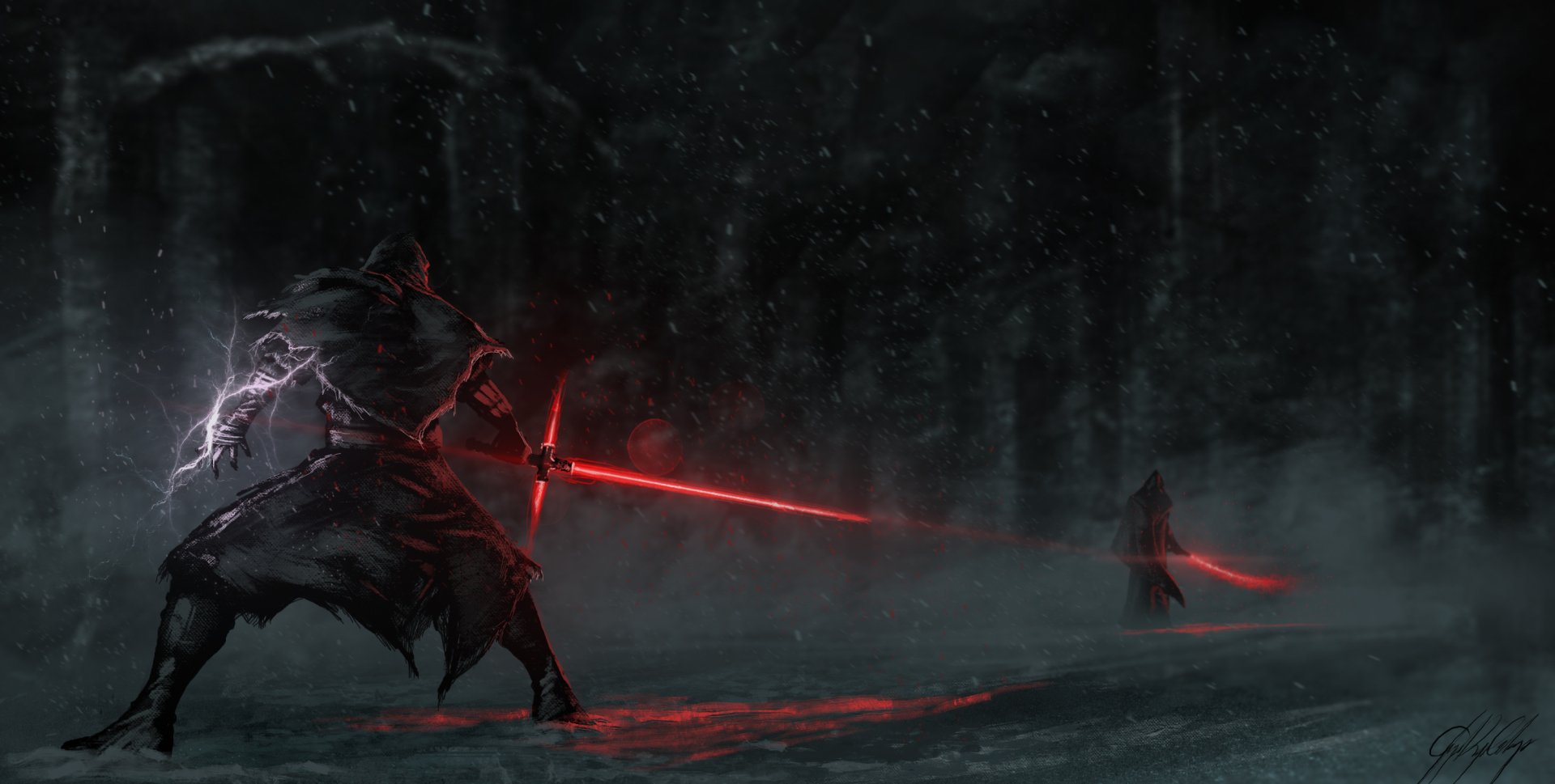 HD desktop wallpaper featuring Kylo Ren from 'Star Wars Episode VII: The Force Awakens,' wielding his red lightsaber in a dark, snowy forest scene.