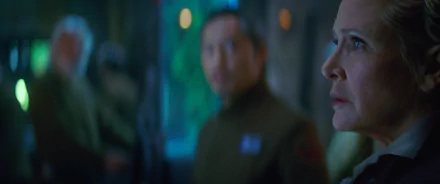 HD wallpaper featuring Carrie Fisher as Princess Leia Organa from Star Wars Episode VII: The Force Awakens, highlighting a dramatic moment in the movie.