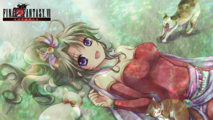HD PC desktop wallpaper of Terra Branford from Final Fantasy VI Advance — vibrant Final Fantasy VI video game artwork of the heroine reclining among flowers and cats.