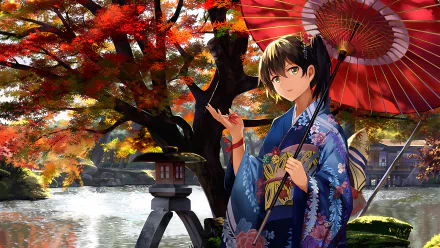 A stunning HD desktop wallpaper featuring Kaga from Kancolle, clad in a traditional kimono, holding a red parasol amidst a vibrant autumn landscape by a serene pond.