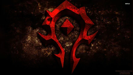 A striking HD desktop wallpaper featuring the iconic red Horde emblem from the video game World of Warcraft, set against a textured dark background.