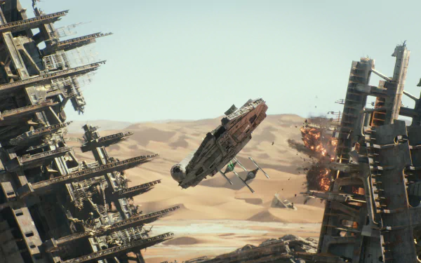 A breathtaking 4K Ultra HD wallpaper featuring the Millennium Falcon soaring through a desert landscape, with TIE Fighters amidst the ruins, inspired by Star Wars Episode VII: The Force Awakens.