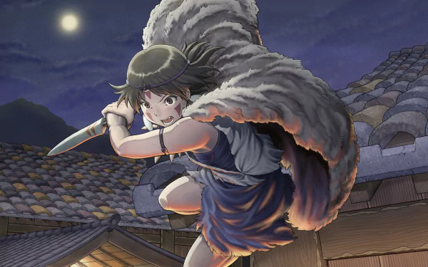 Anime-style HD desktop wallpaper featuring a dynamic scene from Princess Mononoke, showcasing the protagonist poised for action under a night sky.