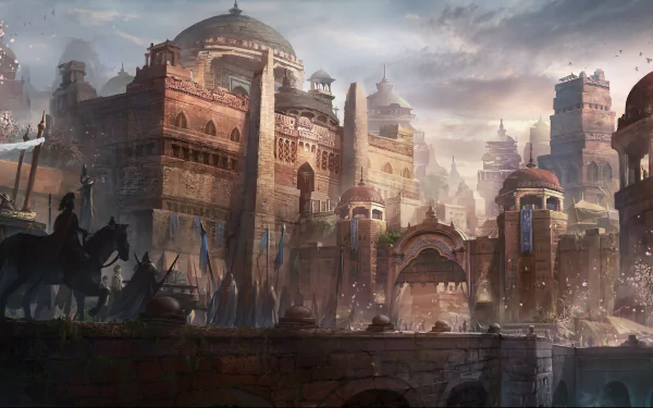 HD wallpaper depicting a fantasy city with a majestic castle. Soldiers on horseback stand at the forefront, enhancing the dreamy medieval atmosphere.