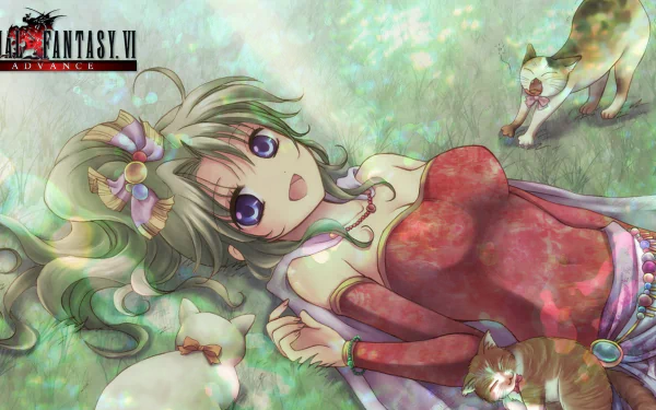 HD PC desktop wallpaper of Terra Branford from Final Fantasy VI Advance — vibrant Final Fantasy VI video game artwork of the heroine reclining among flowers and cats.