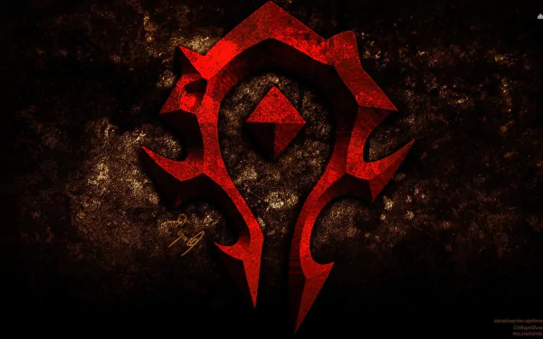 A striking HD desktop wallpaper featuring the iconic red Horde emblem from the video game World of Warcraft, set against a textured dark background.