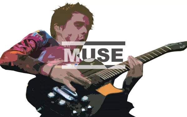 A vibrant HD desktop wallpaper featuring a musician from the band Muse passionately playing guitar, enhanced with the bold MUSE logo.