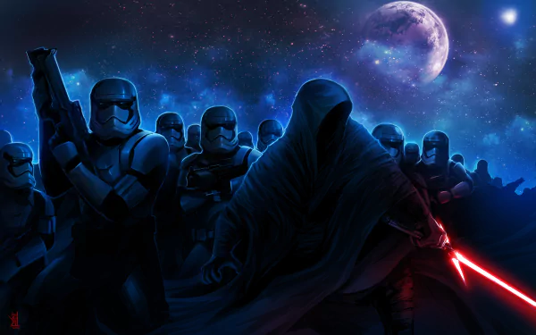 A dramatic HD wallpaper featuring Kylo Ren wielding a lightsaber, surrounded by stormtroopers, set against a cosmic background inspired by Star Wars Episode VII: The Force Awakens.