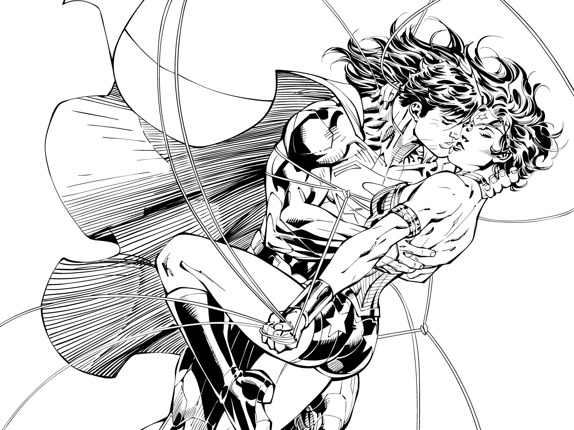 A captivating black-and-white comic style wallpaper featuring Wonder Woman and Superman in a dynamic embrace, embodying iconic DC Comics themes and artistry.