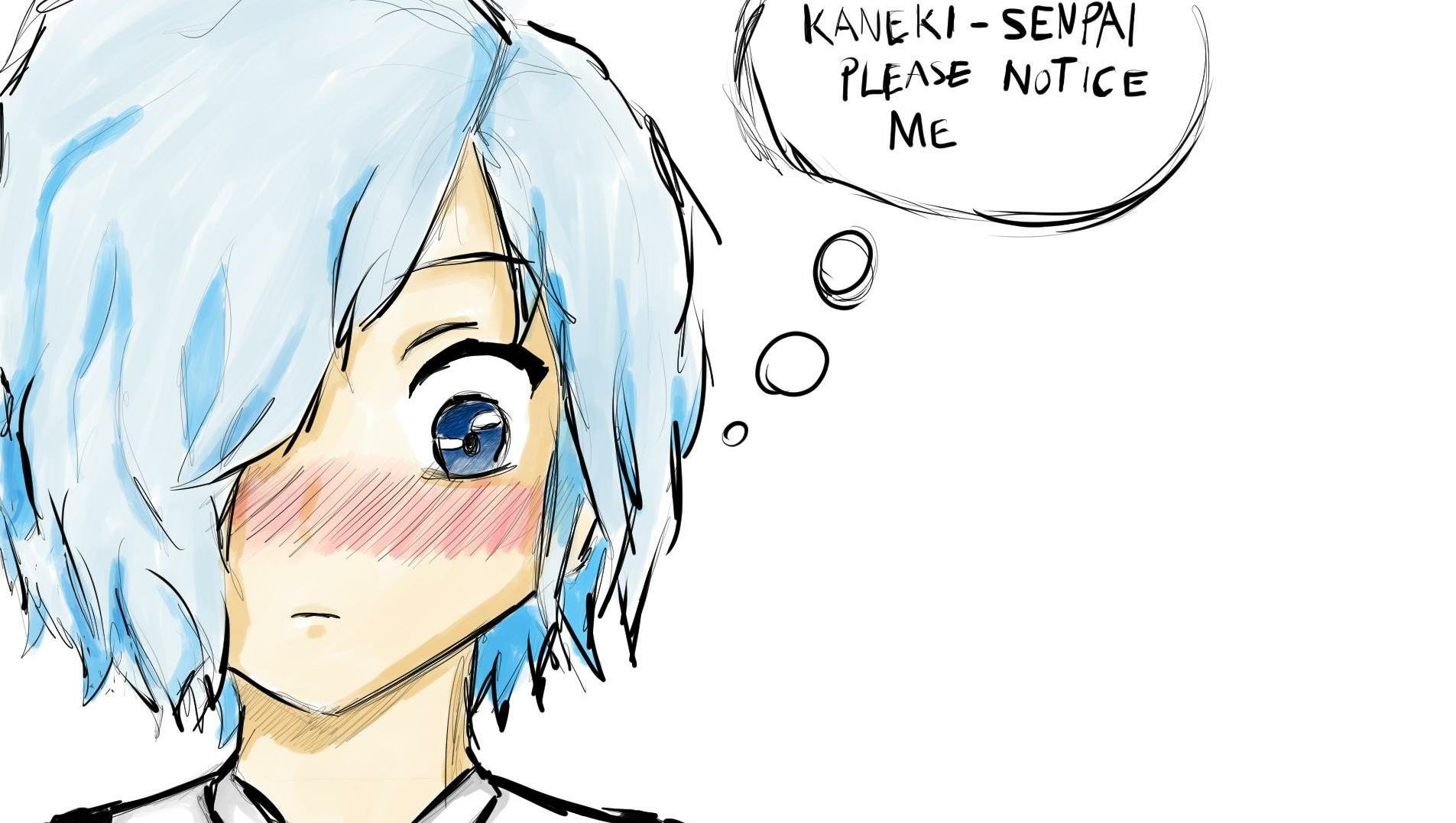 A colorful HD wallpaper featuring Touka Kirishima from Tokyo Ghoul, capturing her expression of longing as she thinks, Kaneki-senpai, please notice me.