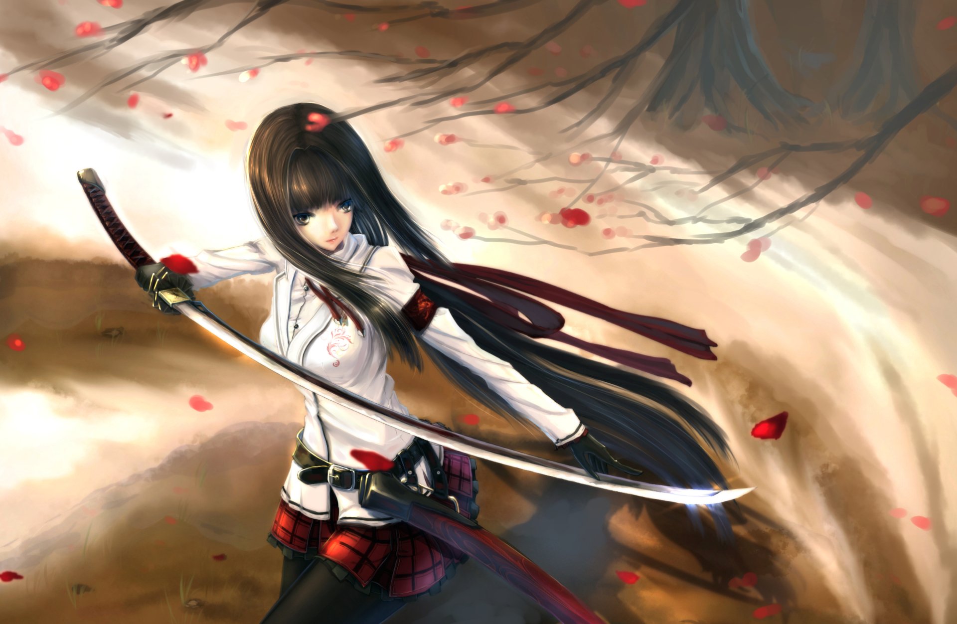 A fierce woman warrior with long black hair wields a sword amidst falling petals, set against a dynamic anime-inspired background, creating an immersive HD wallpaper experience.