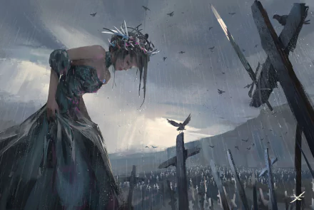 A stunning GhostBlade comic HD desktop wallpaper featuring a solemn figure in a flowing dress and flower crown, standing amongst tall crosses in a rainy, somber landscape with birds flying overhead.