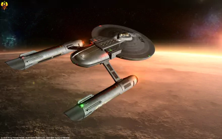 Ares-class Star Trek spaceship from the Axanar movie flies above a planet at sunrise — 4K Ultra HD PC desktop wallpaper and background.