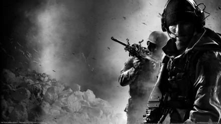 A dramatic HD wallpaper featuring characters from Call Of Duty: Modern Warfare 3, showcasing armed soldiers in a tense, action-packed atmosphere with dark, moody backgrounds.