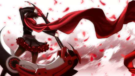HD PC desktop wallpaper featuring Ruby Rose from the anime RWBY, depicted with her signature red cloak and weapon amid swirling rose petals.