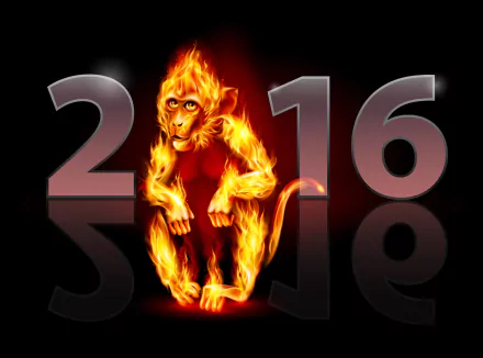 HD PC desktop wallpaper featuring a fiery monkey between the numbers 2016, celebrating the New Year holiday.