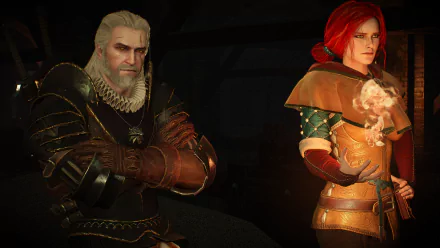 Triss Merigold and Geralt of Rivia stand together, showcasing their strong bond in this HD wallpaper from The Witcher 3: Wild Hunt, highlighting the rich visuals of the game.