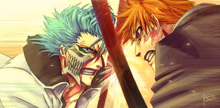 High-definition anime wallpaper featuring Grimmjow Jaegerjaquez with green hair and blue eyes clashing swords with Ichigo Kurosaki with orange hair from the series Bleach.