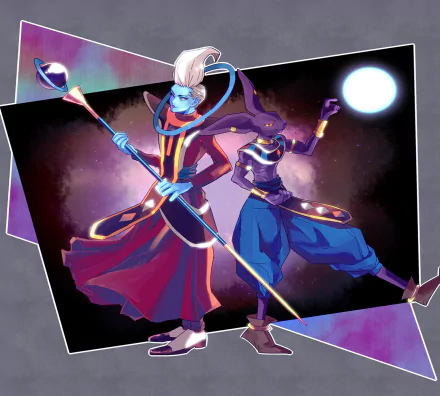 HD wallpaper featuring Beerus and Whis from Dragon Ball Super, showcasing their vibrant designs against a cosmic backdrop in an anime style.