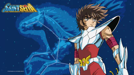 HD wallpaper featuring Pegasus Seiya from the anime Saint Seiya, showcasing the character in battle armor with a Pegasus constellation and the Saint Seiya logo in the background.