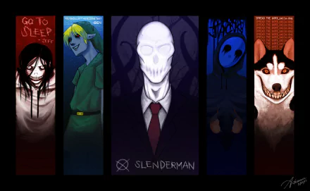 HD desktop wallpaper featuring characters from Creepypasta: Smile Dog, Eyeless Jack, BEN Drowned, Jeff the Killer, and Slender Man in dark-themed illustrations.