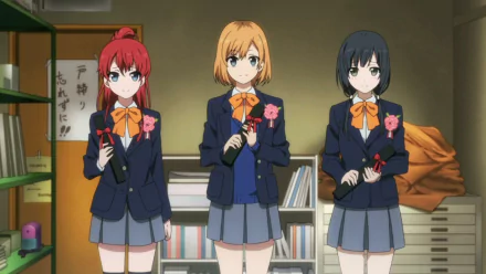 HD desktop wallpaper from Shirobako featuring three main characters in school uniforms, with a warm setting in the background.