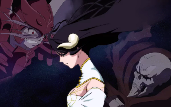 HD wallpaper featuring Ainz Ooal Gown, Albedo, and Shalltear Bloodfallen from the anime Overlord, showcasing dynamic character poses and vivid colors.