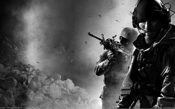A dramatic HD wallpaper featuring characters from Call Of Duty: Modern Warfare 3, showcasing armed soldiers in a tense, action-packed atmosphere with dark, moody backgrounds.
