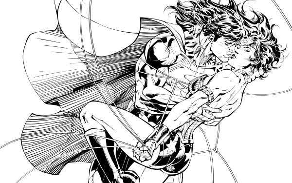A captivating black-and-white comic style wallpaper featuring Wonder Woman and Superman in a dynamic embrace, embodying iconic DC Comics themes and artistry.