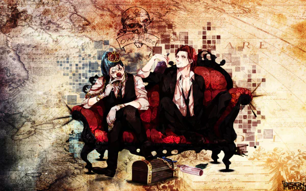 HD desktop wallpaper featuring Buggy and Shanks from the anime One Piece, sitting on a red sofa against a vintage treasure map background.